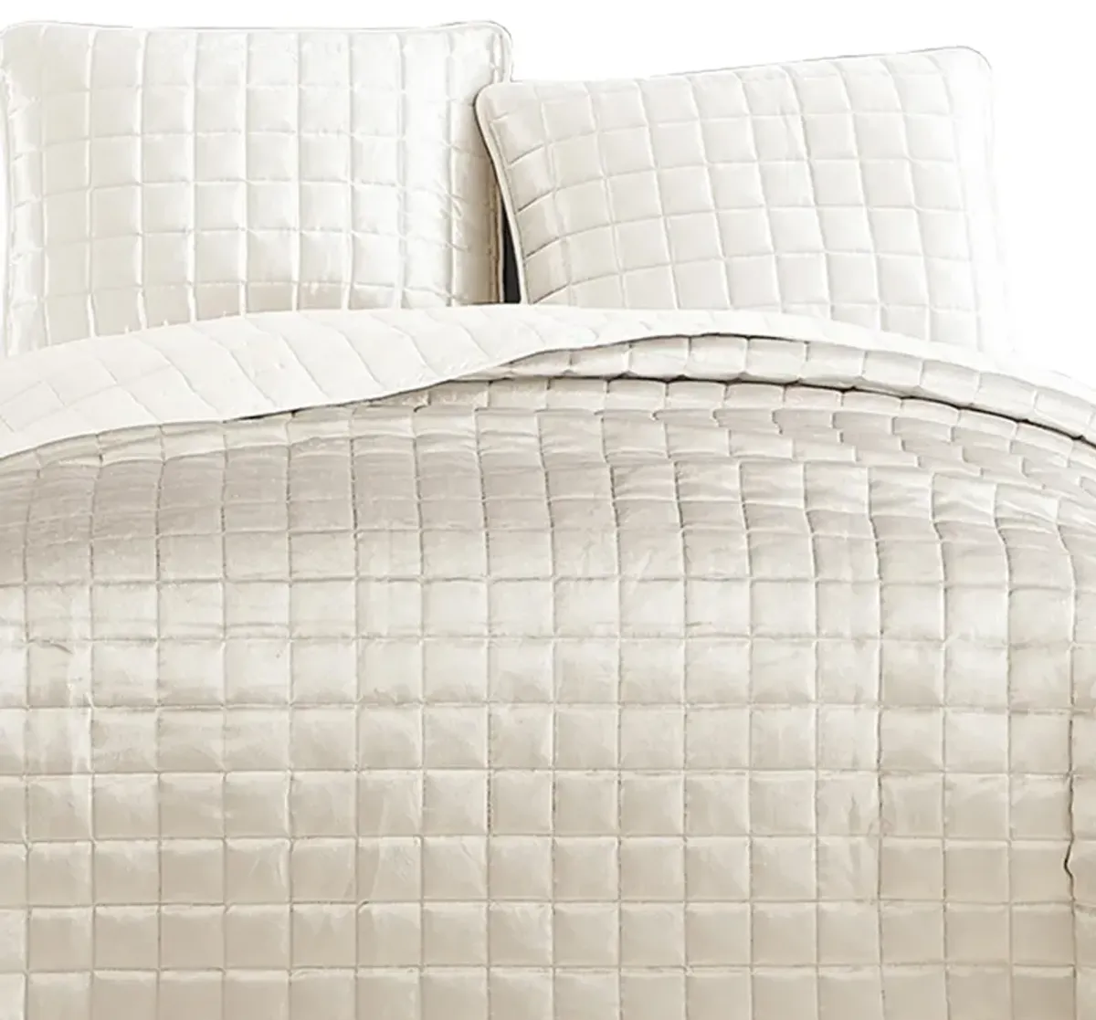 3 Piece Queen Size Coverlet Set with Stitched Square Pattern, Cream - Benzara