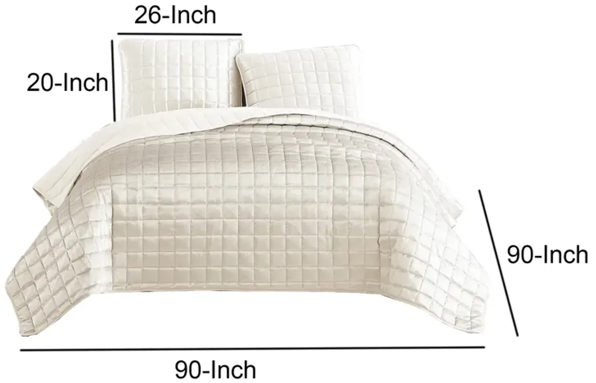 3 Piece Queen Size Coverlet Set with Stitched Square Pattern, Cream - Benzara