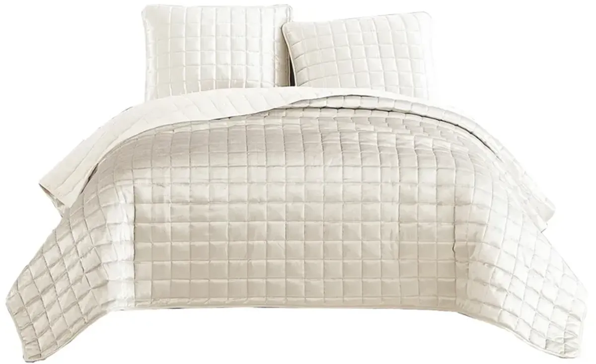 3 Piece Queen Size Coverlet Set with Stitched Square Pattern, Cream - Benzara