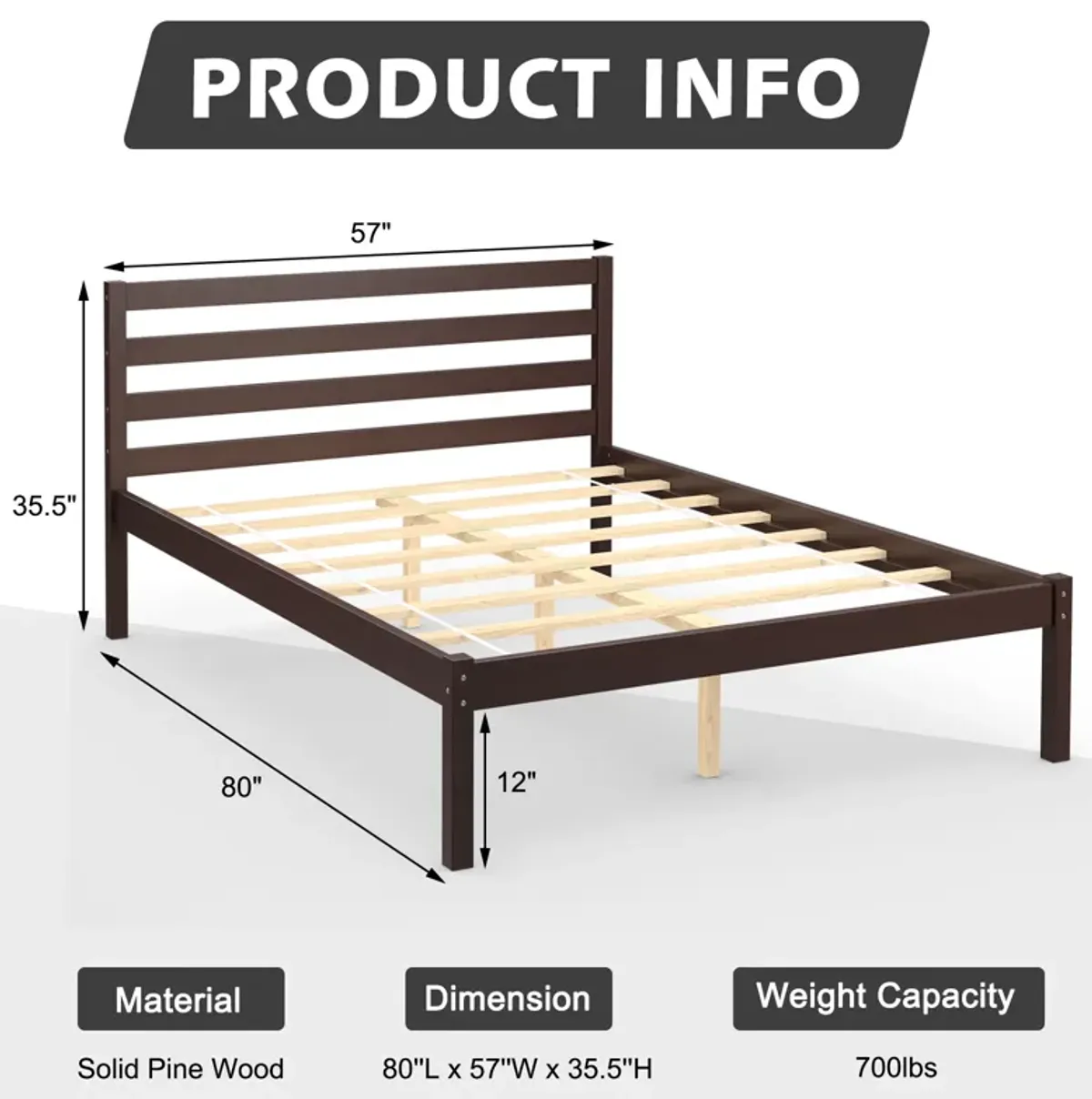 Full Size Bed frame Foundation with Solid Wooden Slat Suppor