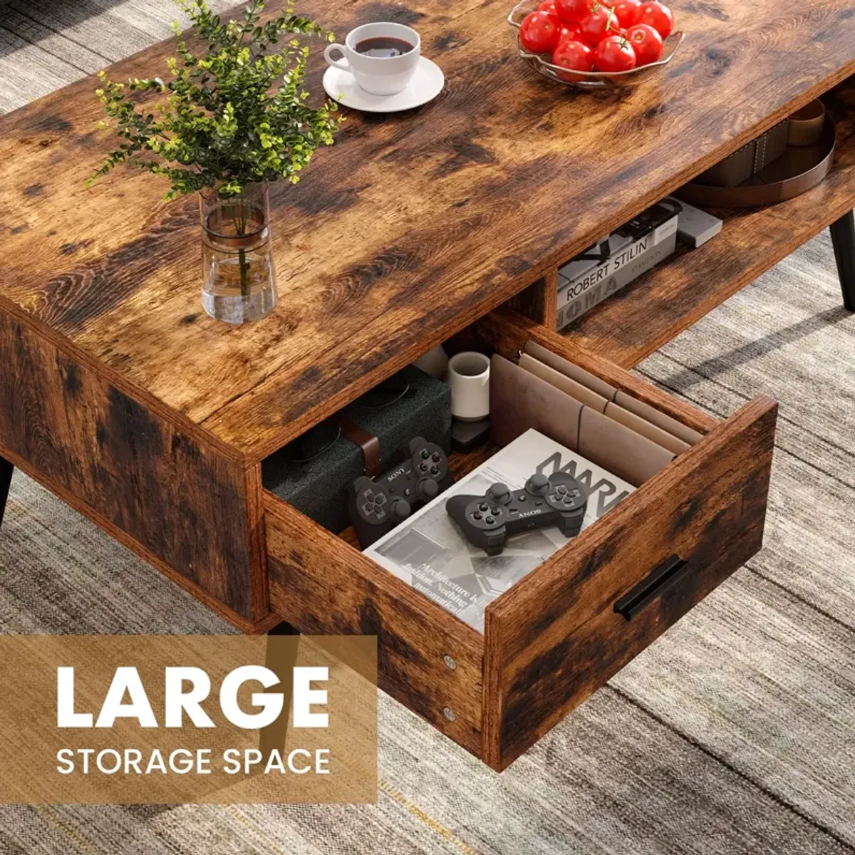 Retro Rectangular Coffee Table with Drawer and Storage Shelf-Rustic Brown