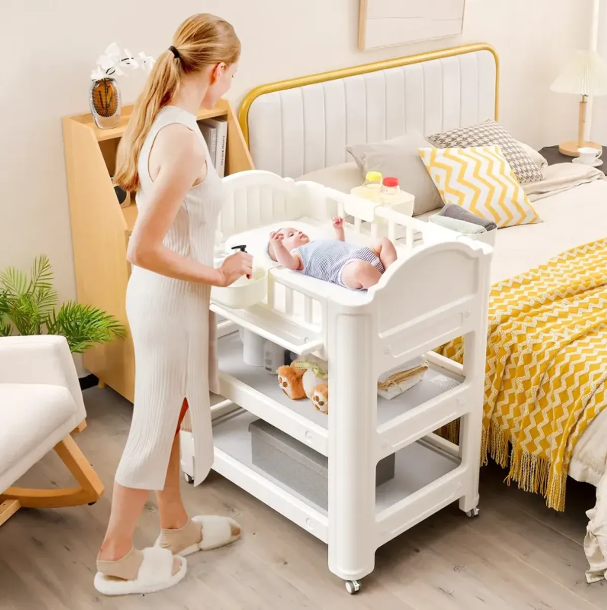 Mobile Diaper Changing Station with Storage Shelves and Boxes