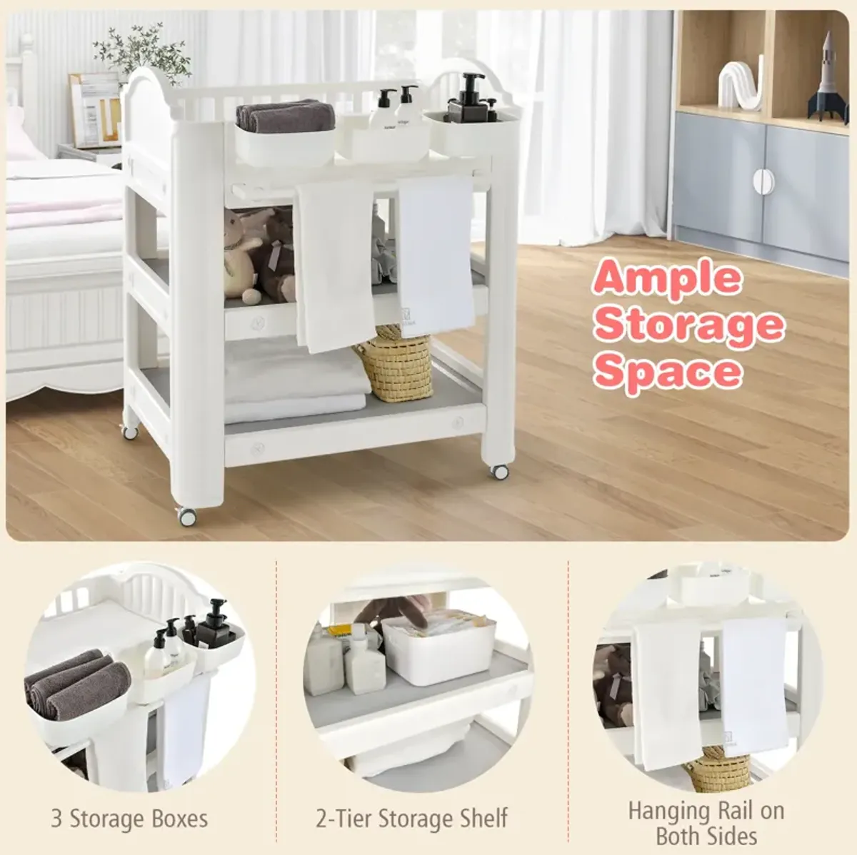 Mobile Diaper Changing Station with Storage Shelves and Boxes