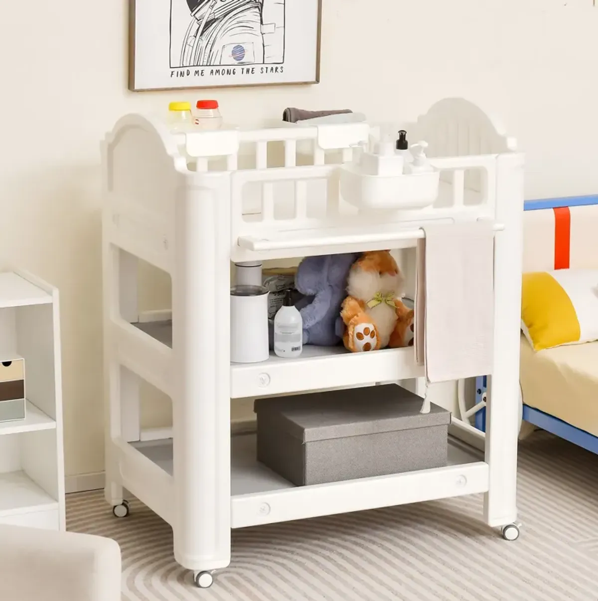 Mobile Diaper Changing Station with Storage Shelves and Boxes