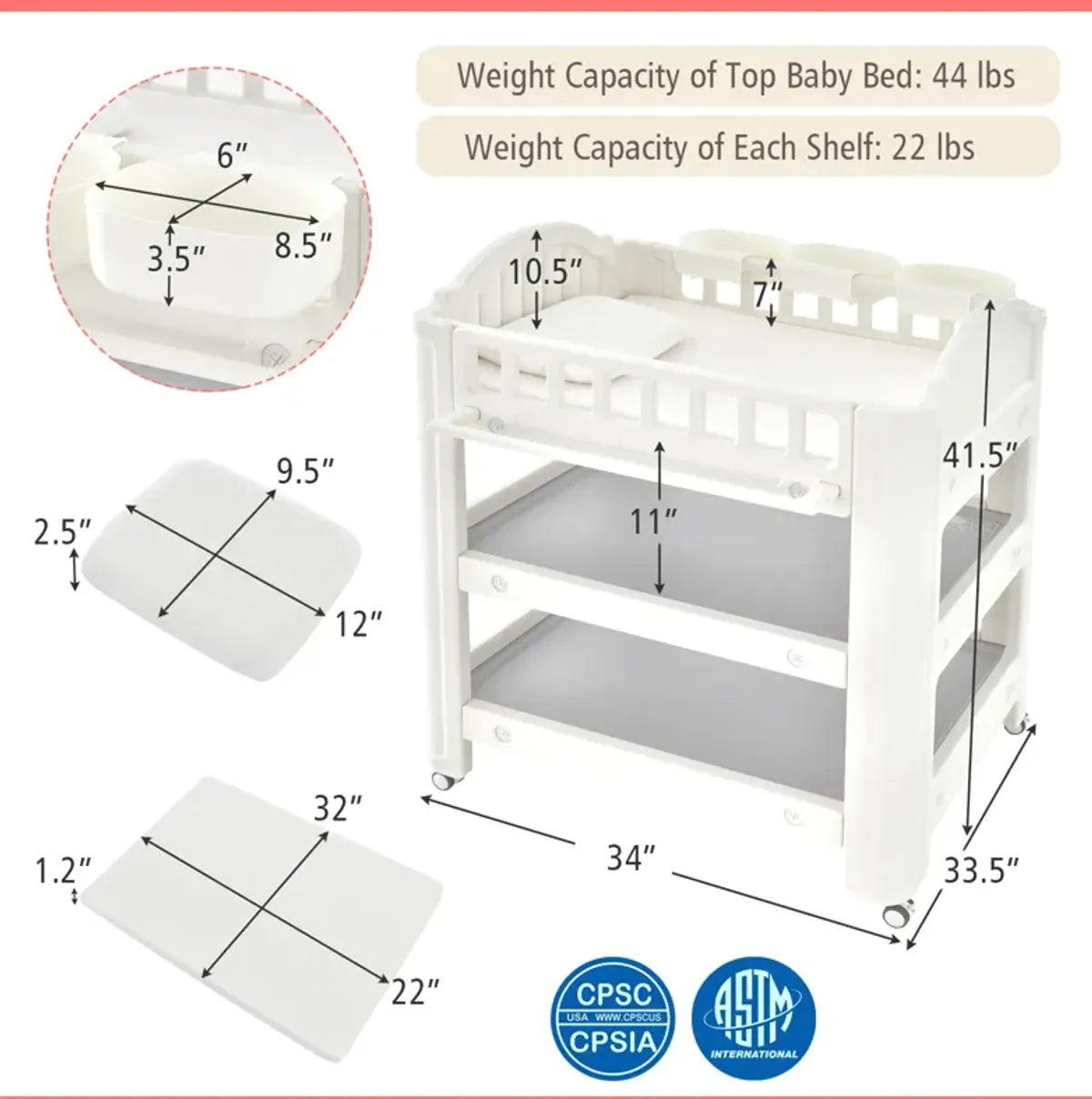 Mobile Diaper Changing Station with Storage Shelves and Boxes