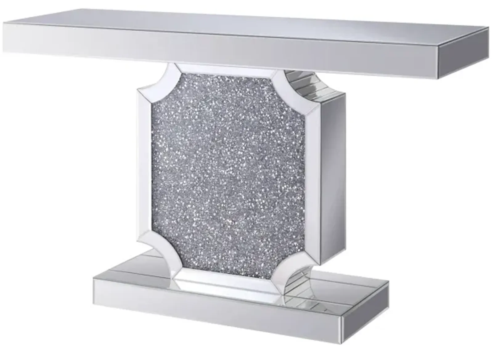 Wood and Mirror Console Table with Faux Crystal Accented Sculptural Pedestal Base, Clear-Benzara