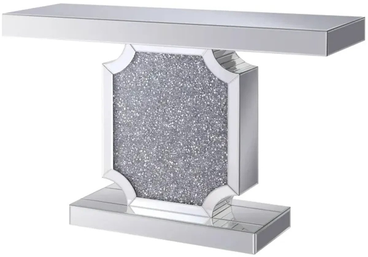 Wood and Mirror Console Table with Faux Crystal Accented Sculptural Pedestal Base, Clear-Benzara