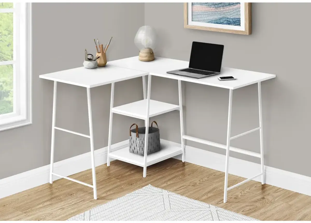 Monarch Specialties I 7596 Computer Desk, Home Office, Corner, Storage Shelves, 48"L, L Shape, Work, Laptop, Metal, Laminate, White, Contemporary, Modern