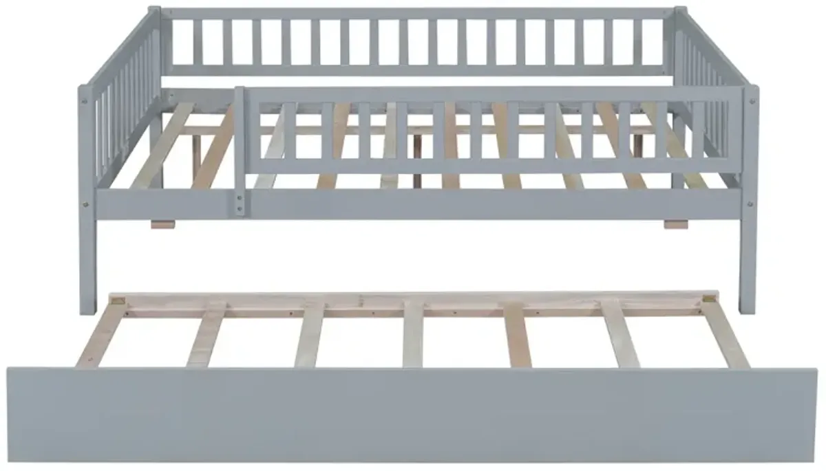 Full Size Wood Daybed With Trundle And Fence Guardrails