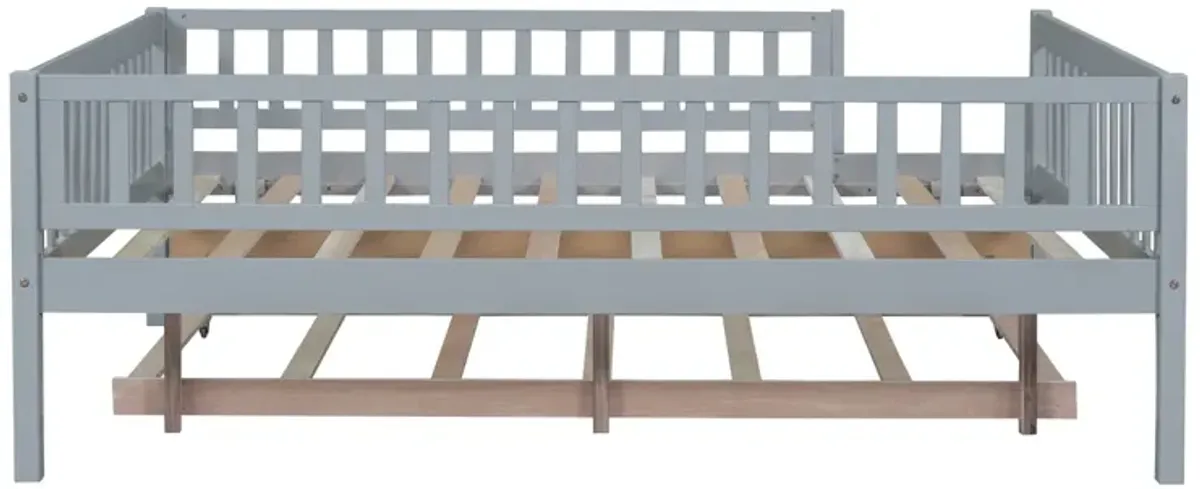 Full Size Wood Daybed With Trundle And Fence Guardrails