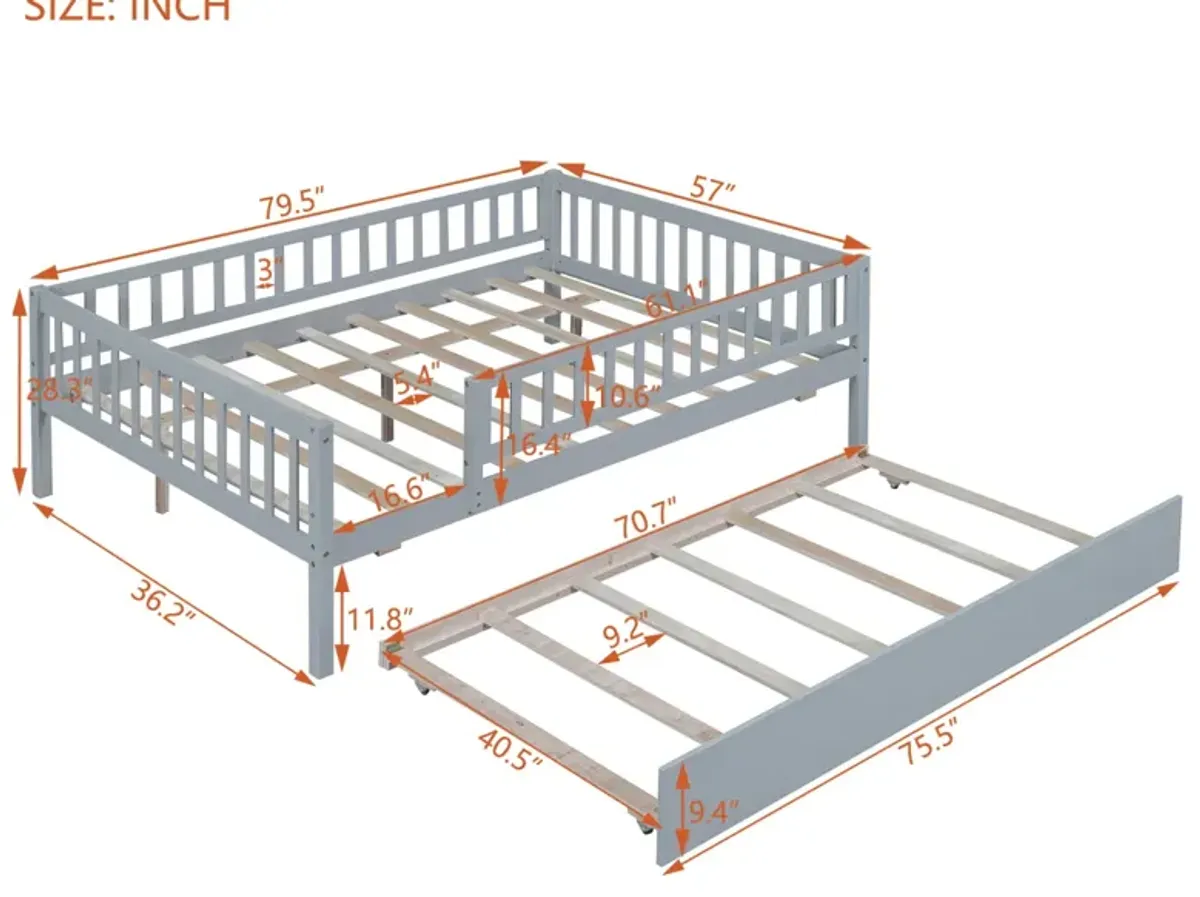 Full Size Wood Daybed With Trundle And Fence Guardrails