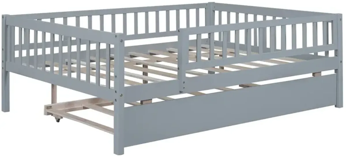 Full Size Wood Daybed With Trundle And Fence Guardrails