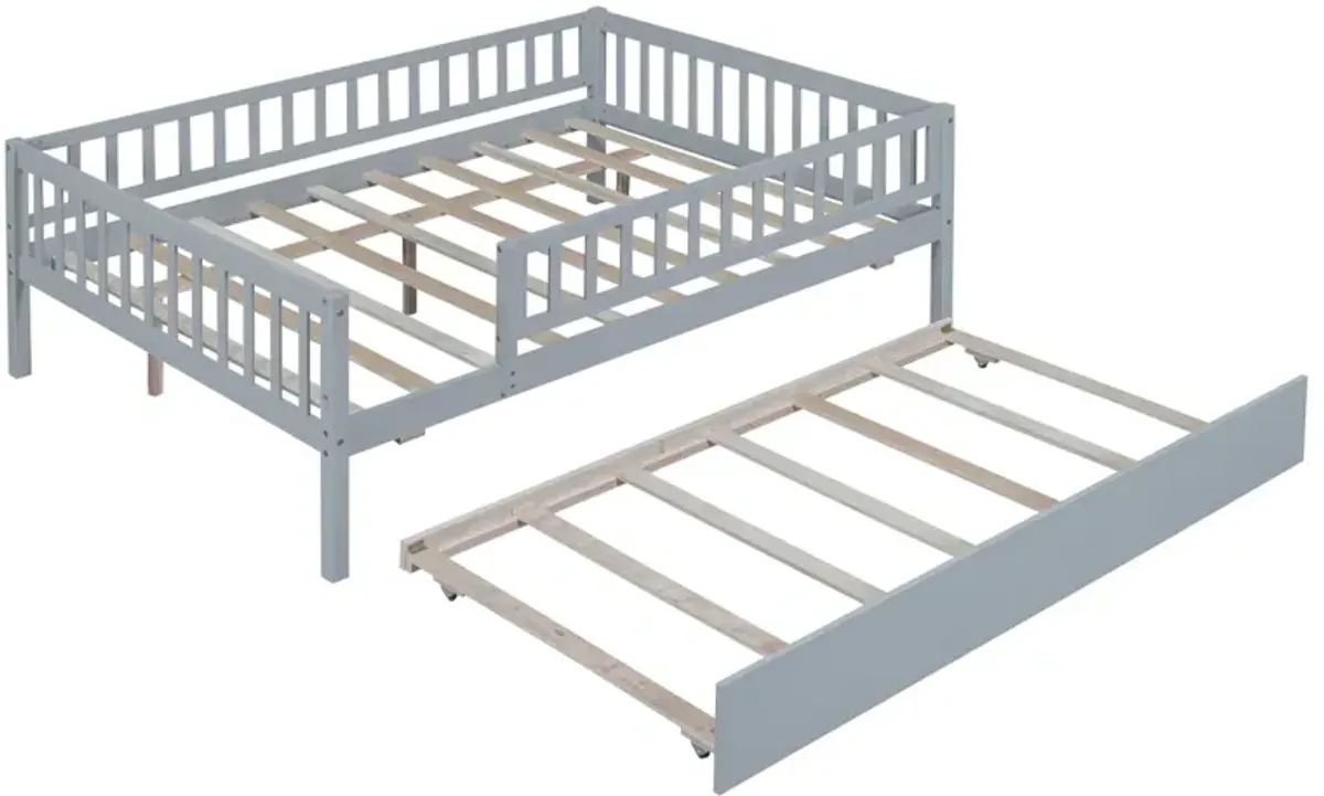 Full Size Wood Daybed With Trundle And Fence Guardrails