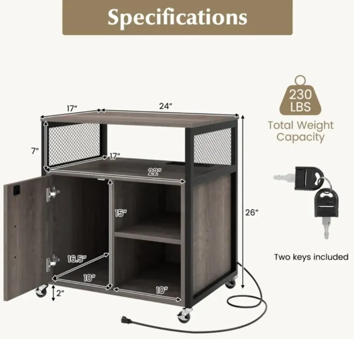 Hivvago File Cabinet on Wheels with Charging Station and Cable Management Hole