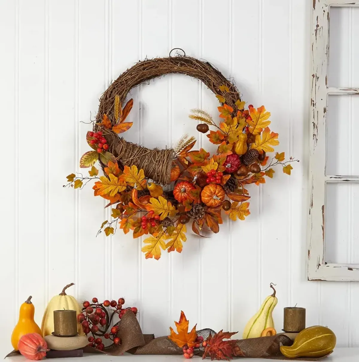 Hivvago 26" Autumn Artificial Cornucopia Fall Wreath