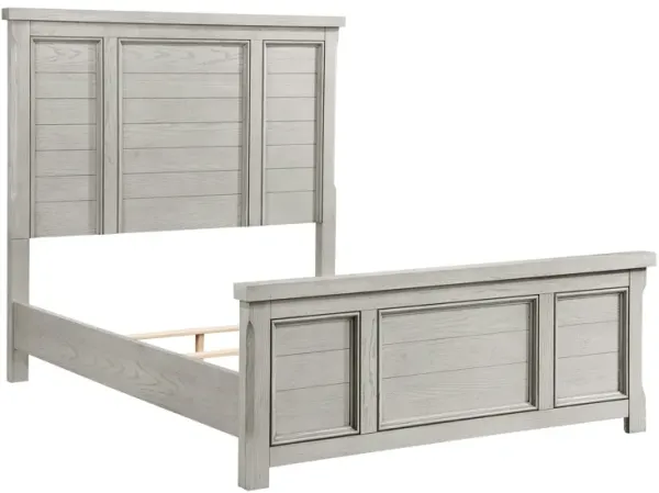 Myna Queen Size Bed with Tall Headboard, Farmhouse White Oak Veneer Wood - Benzara