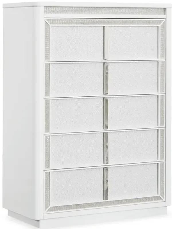 Canaal Tall Dresser Chest, 5 Drawer, White Finish 58 Inch, LED Light - Benzara