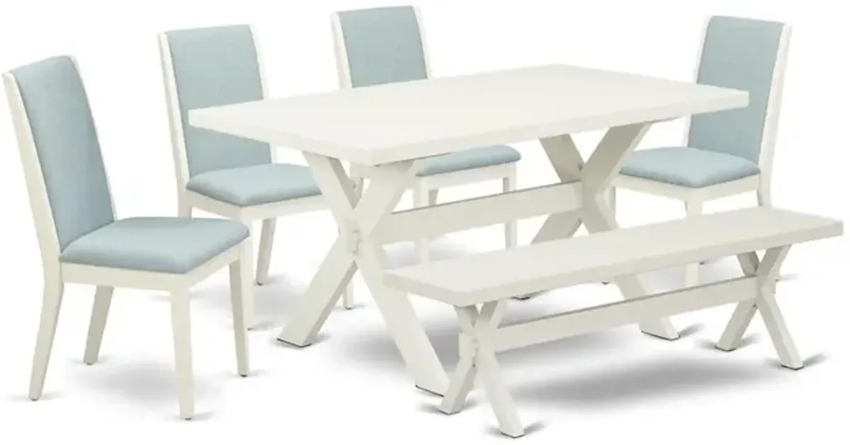 East West Furniture X026LA015-6 6Pc Dinette Sets for Small Spaces Includes a Dining Table, 4 Parsons Dining Chairs with Baby Blue Color Linen Fabric and a Bench, Medium Size Table with Full Back Chair