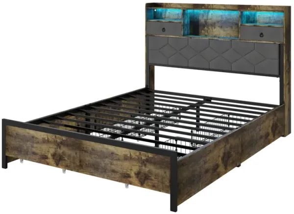 Bed Frame Queen Size with Drawers and Charging Station, Upholstered Platform Bed with Storage Headboard and LED Light, Heavy Duty Metal Frame Support, No Box Spring Needed, Noise Free, Vintage Brown