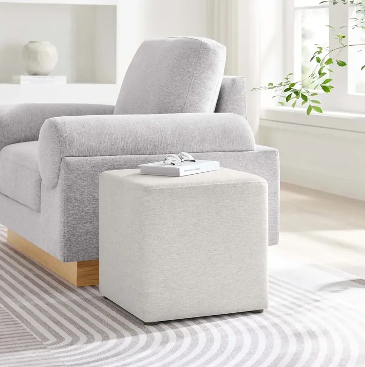 Callum 17" Square Woven Heathered Fabric Upholstered Ottoman