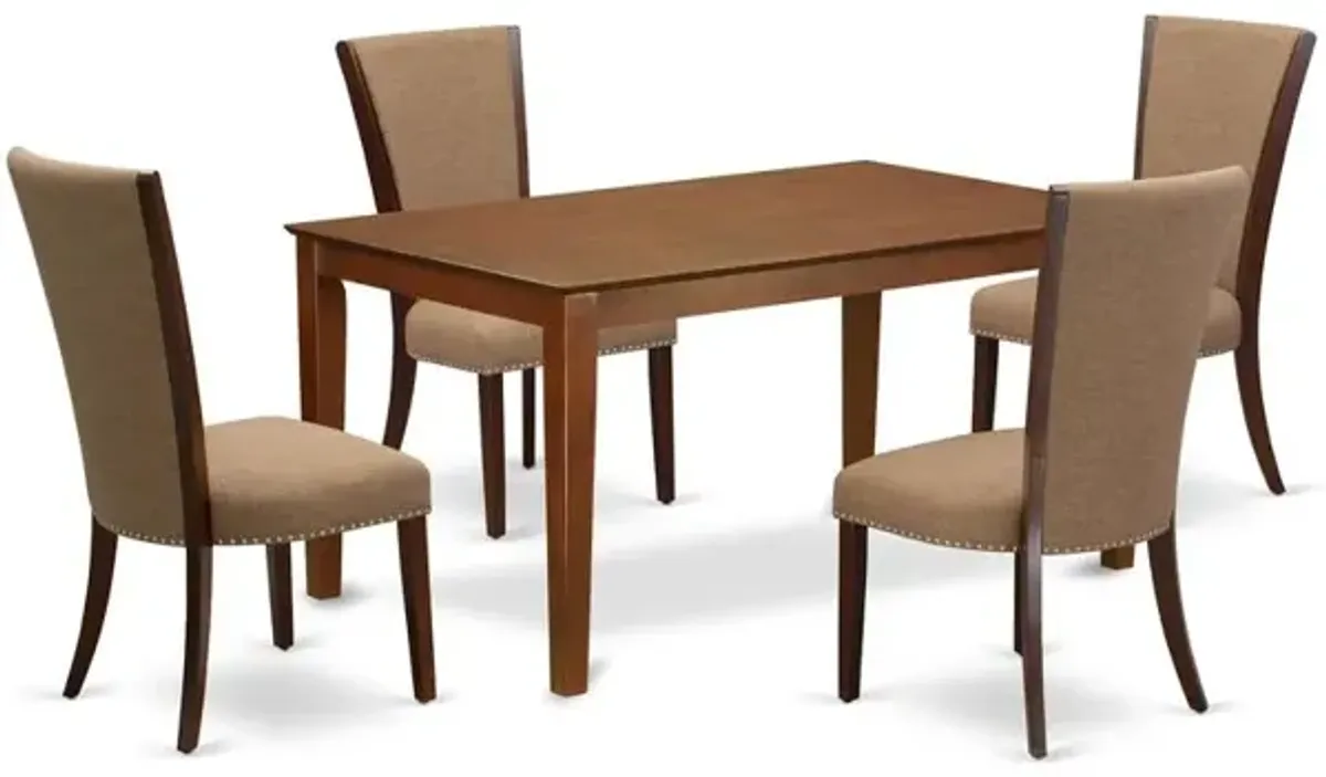 East-West Furniture CAVE5-MAH-47 - A dinette set of 4 amazing kitchen dining chairs with Linen Fabric Light Sable color and a gorgeous rectangle dining table in Mahogany Finish