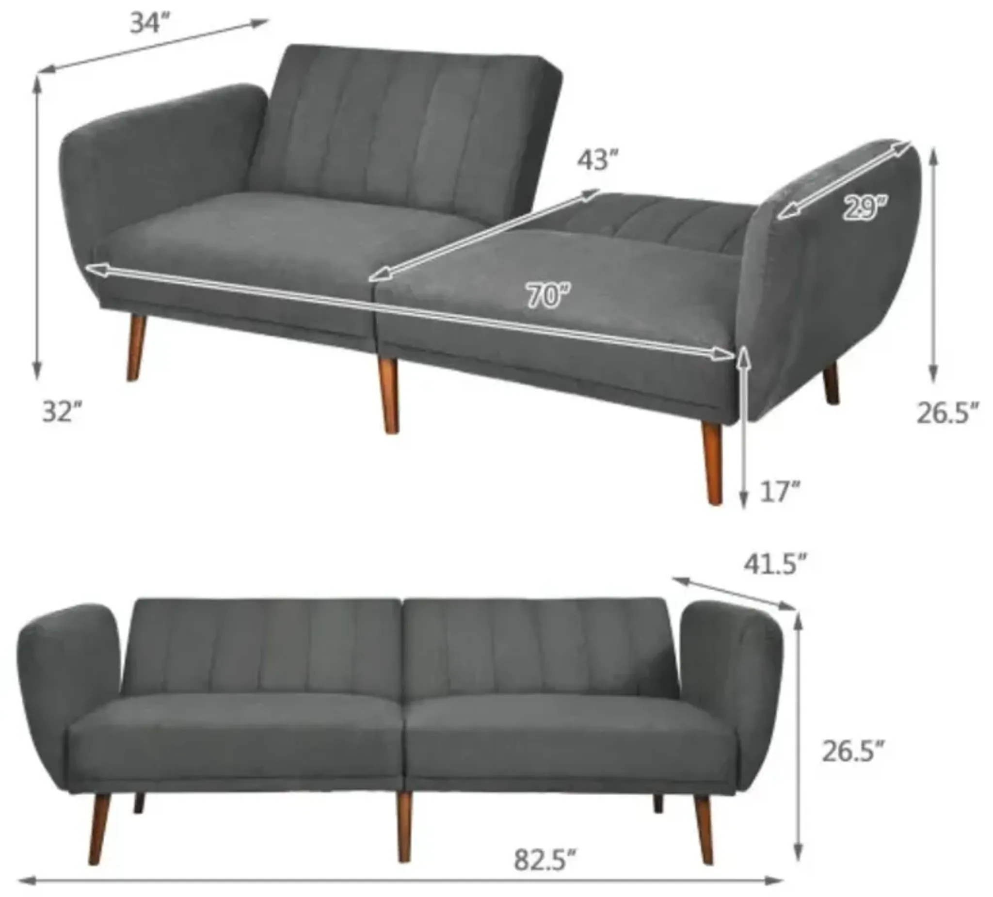 Convertible Futon Sofa Bed Adjustable Couch Sleeper with Wood Legs ...