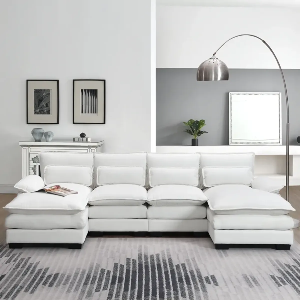 Gewnee Modern U-shaped Sectional Sofa with Waist Pillows,6-seat Upholstered Symmetrical Sofa Furniture