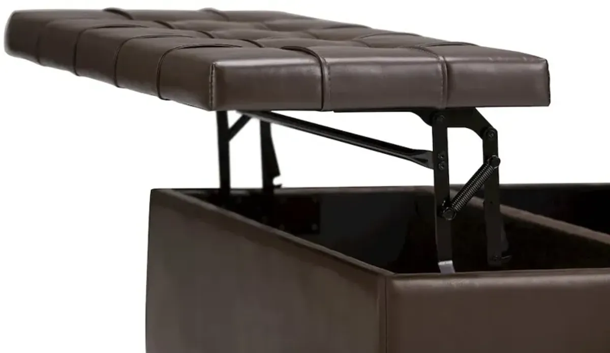 Simpli Home Harrison Coffee Table Storage Ottoman In Chocolate Brown Vegan Faux Leather