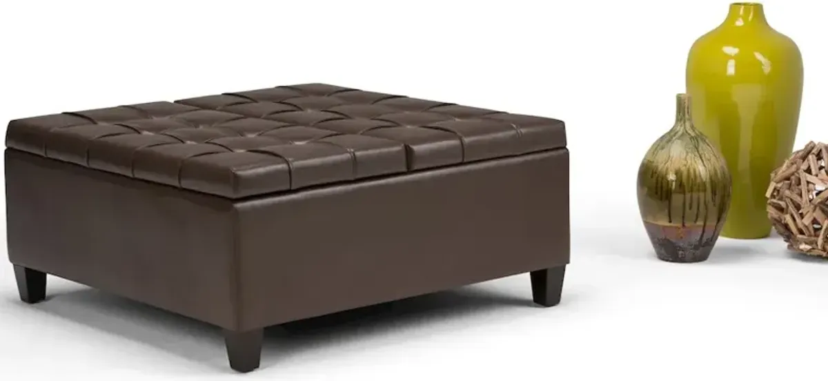 Simpli Home Harrison Coffee Table Storage Ottoman In Chocolate Brown Vegan Faux Leather