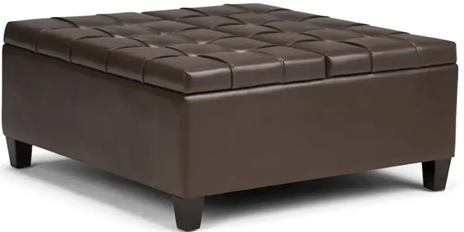 Simpli Home Harrison Coffee Table Storage Ottoman In Chocolate Brown Vegan Faux Leather