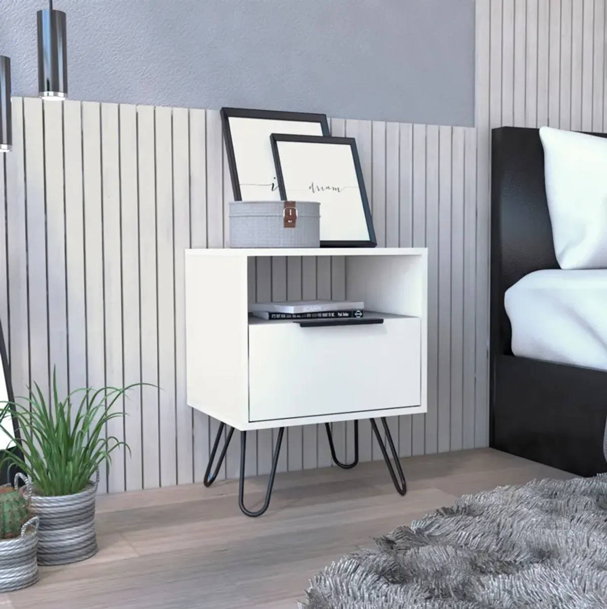 Augusta Nightstand, Single Door Cabinet, Hairpin Legs -White