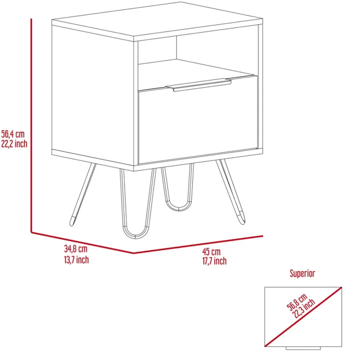 Augusta Nightstand, Single Door Cabinet, Hairpin Legs -White