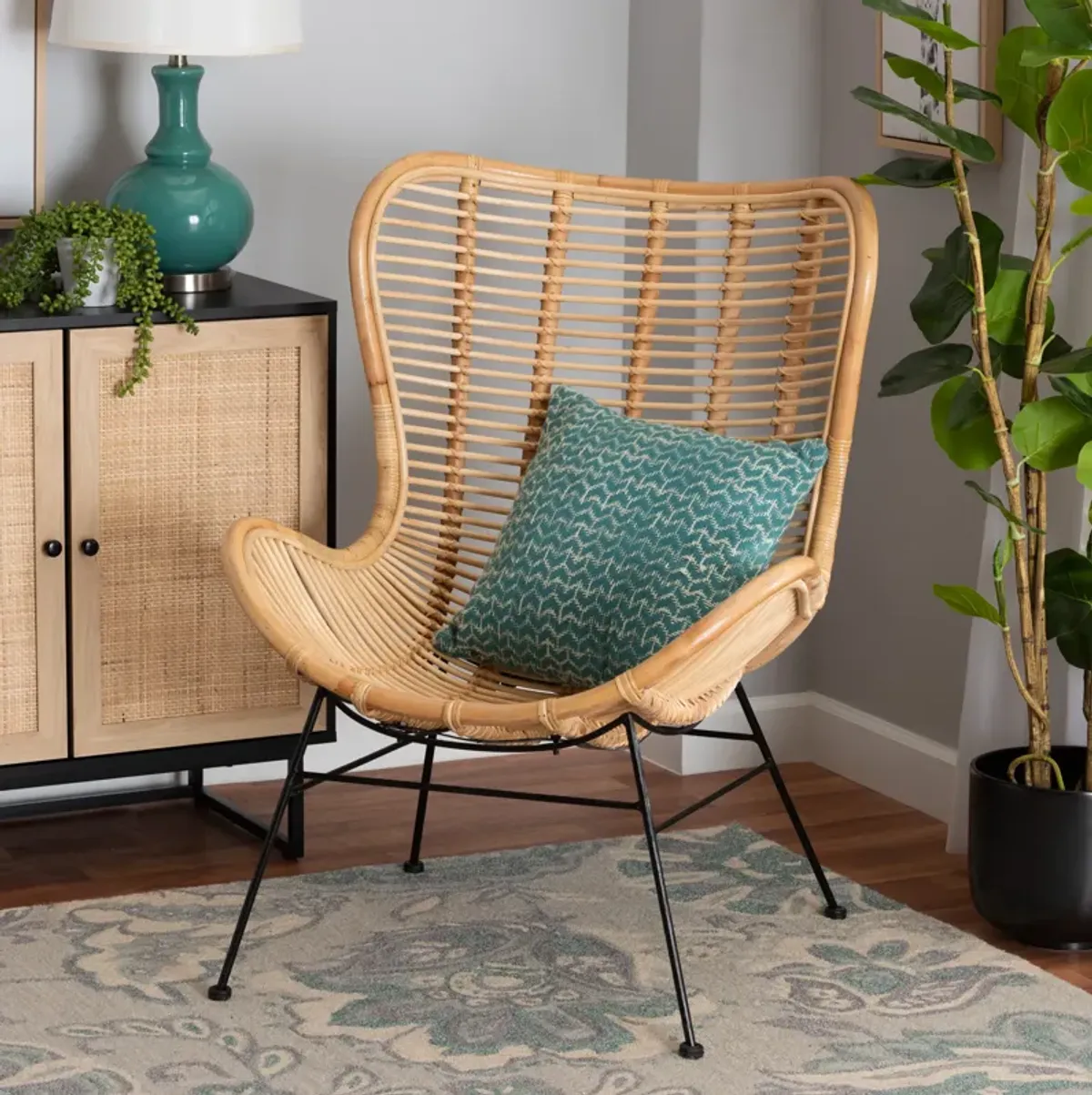 Bali & Pari Colorado Modern Bohemian Black Rattan and Metal Accent Chair