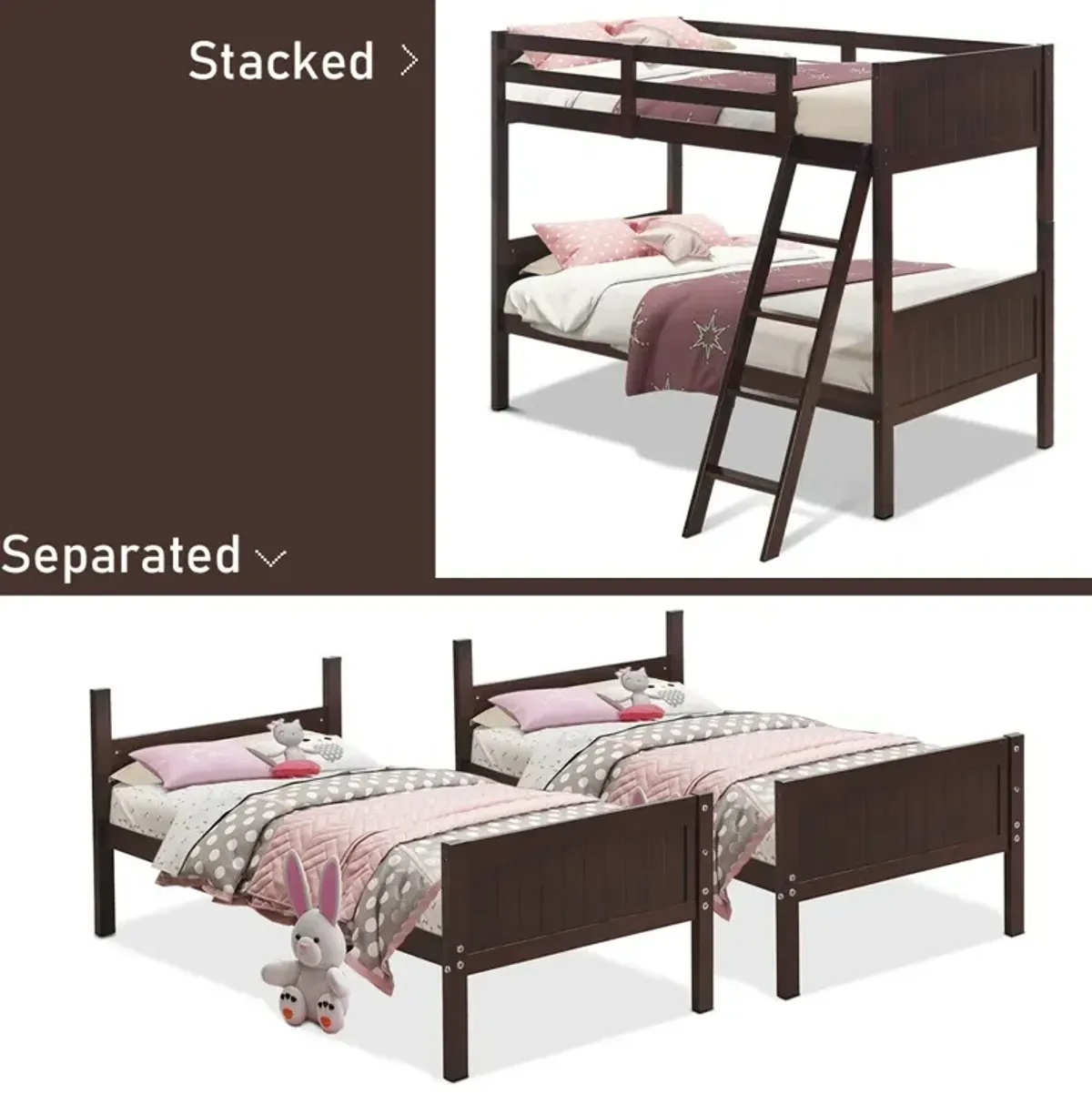 Twin Size Wooden Bunk Beds Convertible 2 Individual Beds