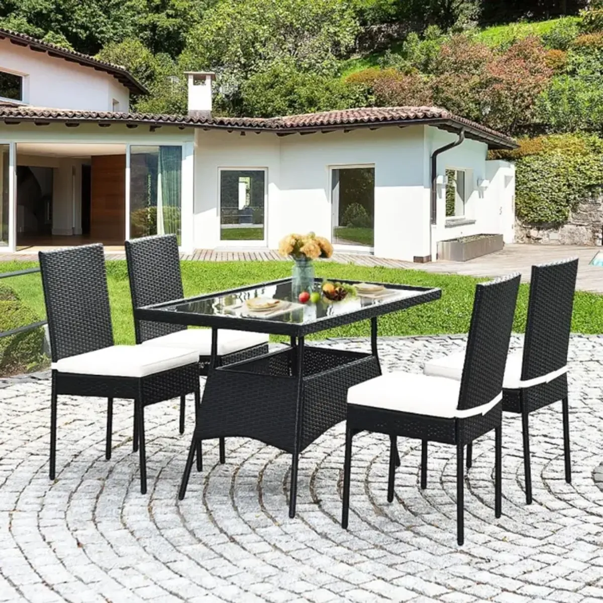 Hivvago 5 Pieces Rattan Dining Set with Glass Table and High Back Chair