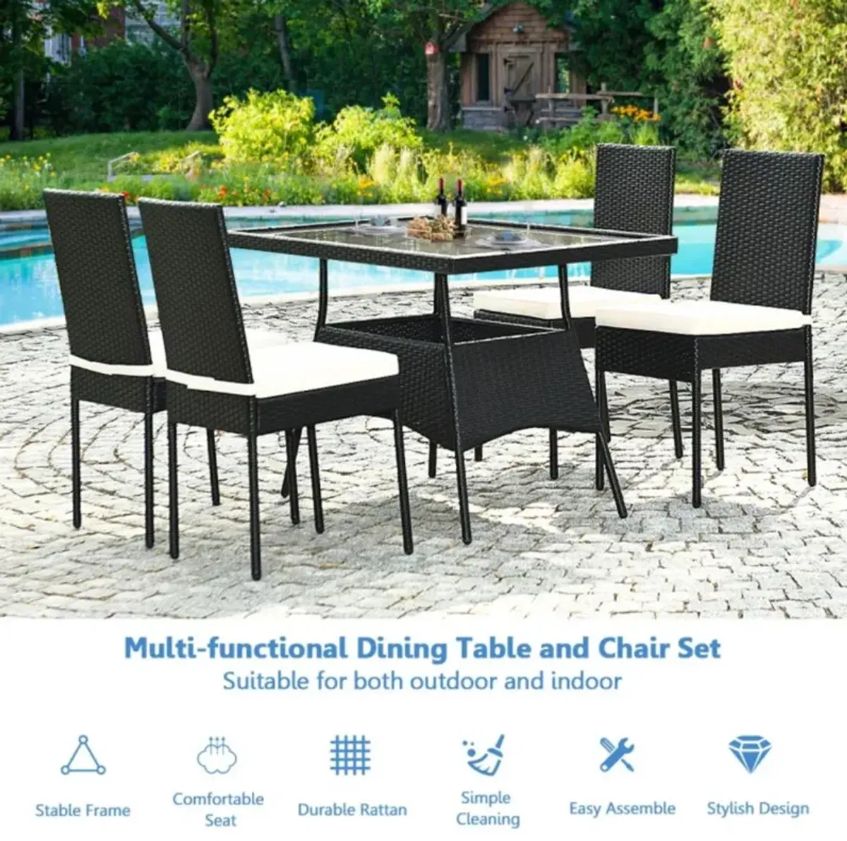 Hivvago 5 Pieces Rattan Dining Set with Glass Table and High Back Chair