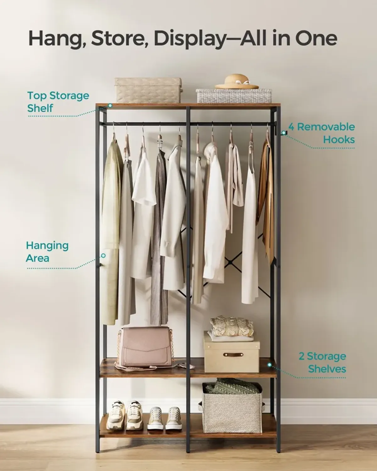 2-Column Clothes Rack with Hanging Rods for Organized Garment Storage