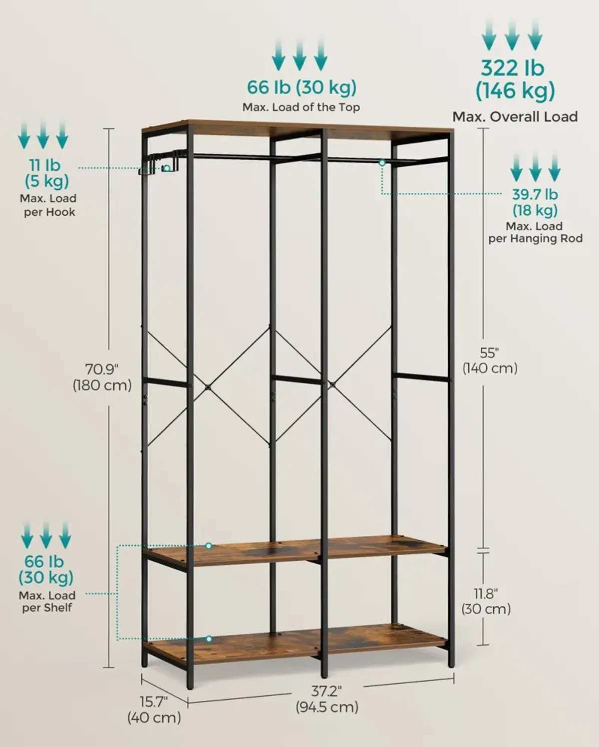 2-Column Clothes Rack with Hanging Rods for Organized Garment Storage