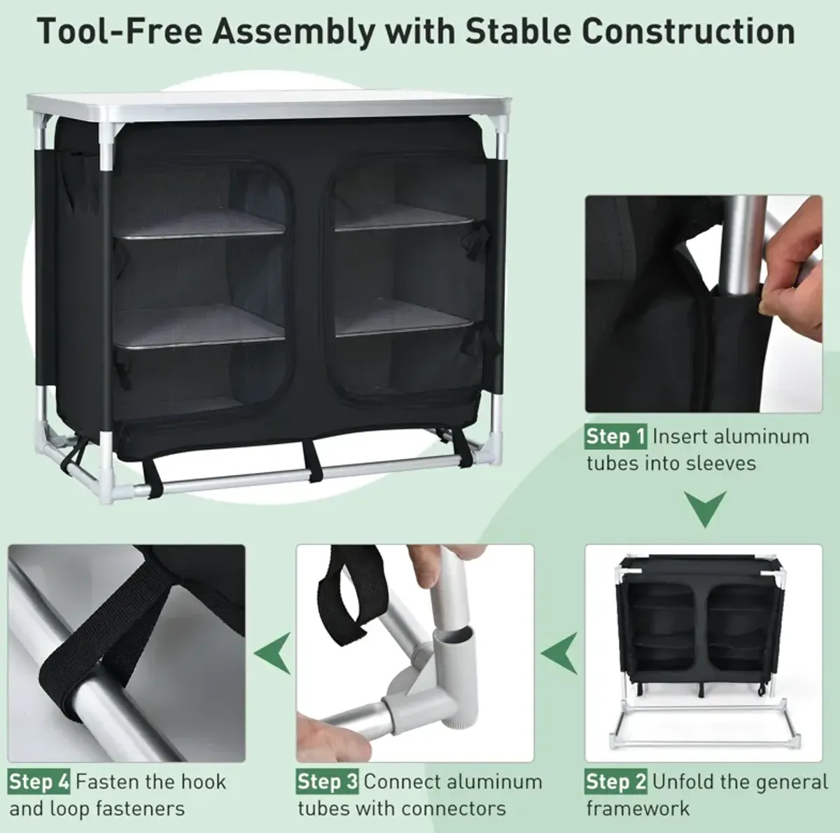 Portable Camping Kitchen Table with Storage Shelves