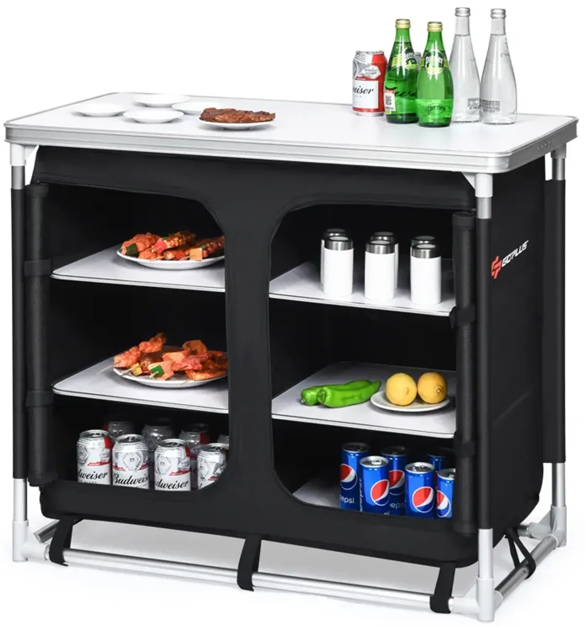 Portable Camping Kitchen Table with Storage Shelves