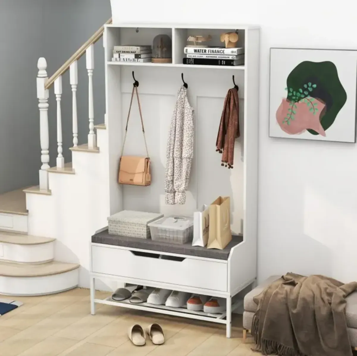 Hivvago 69 Inches Tall Hall Tree 4-in-1 Coat Rack with Seat Cushion and Shoe Storage
