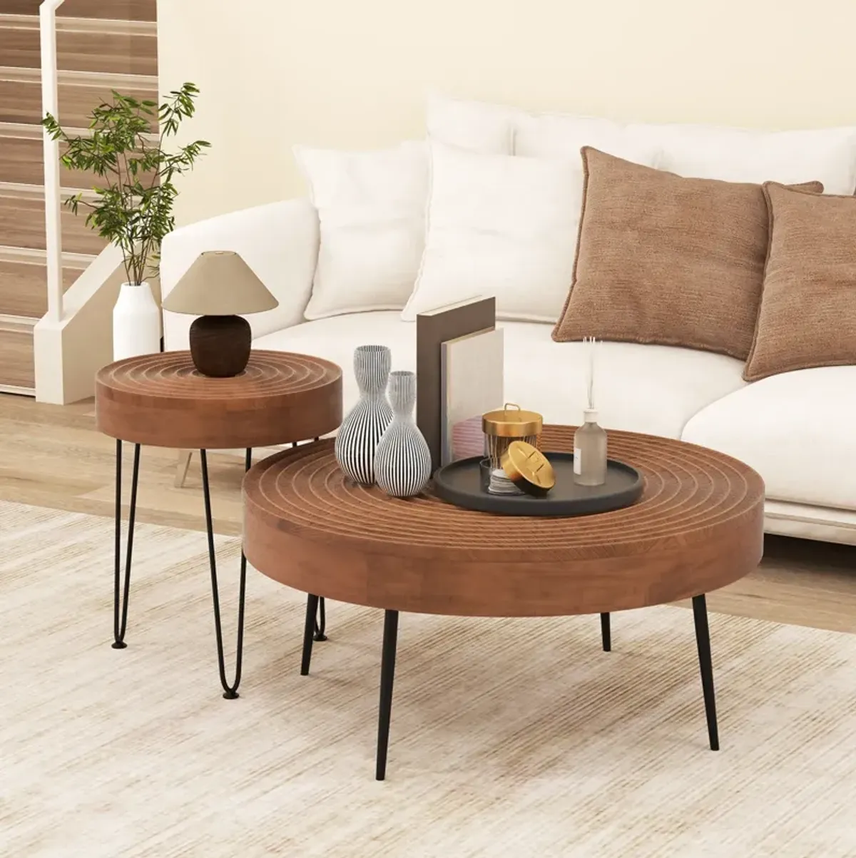Set of 2 Wooden Coffee Table with Metal Legs and Adjustable Foot Pads
