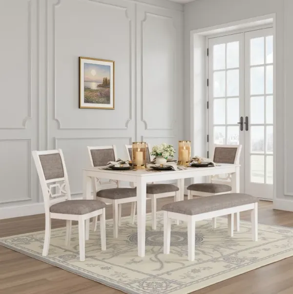 Berg 6pc Dining Table Set, Gray White Wood, 4 Chairs and 1 Bench - Benzara