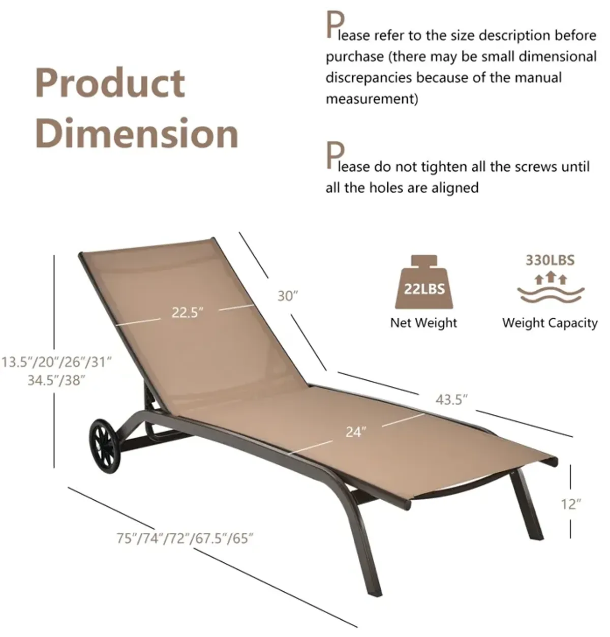 6-Poisition Adjustable Outdoor Chaise Recliner with Wheels