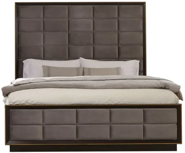 Hena California King Bed, Grid Tufted Taupe Upholstered Tall Panel Headboard - Benzara