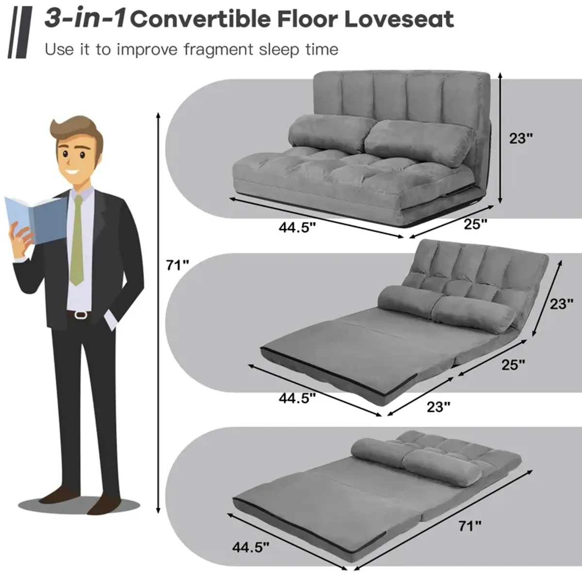 6-Position Foldable Floor Sofa Bed with Detachable Cloth Cover