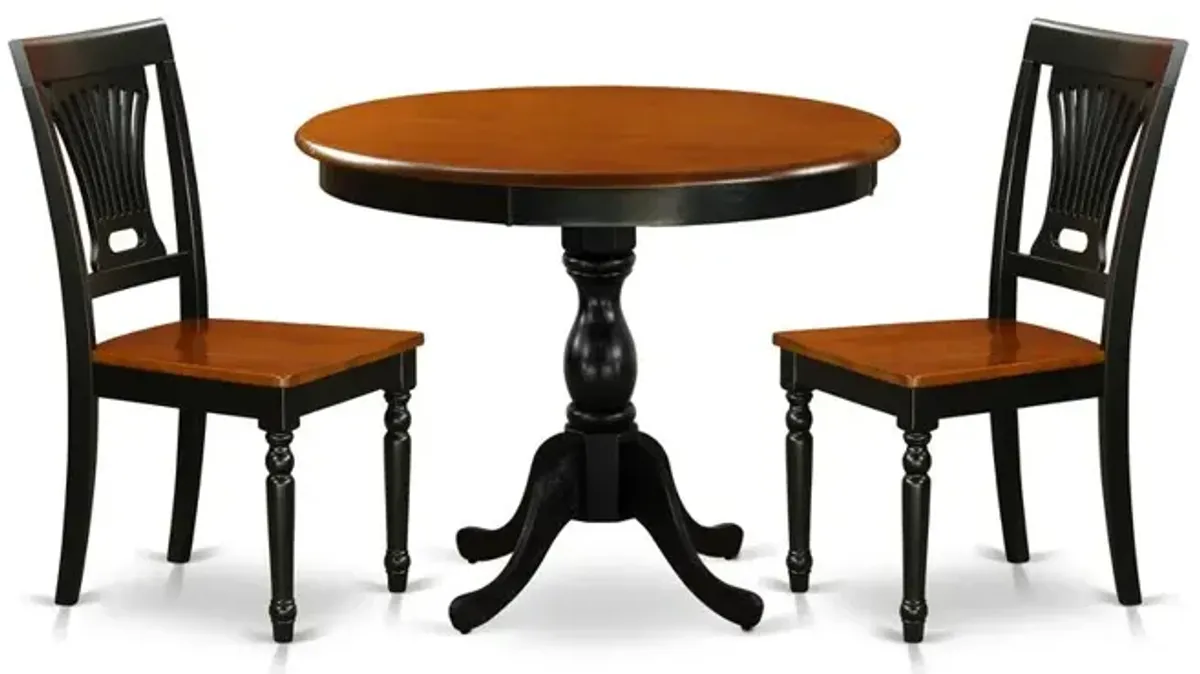 East West Furniture 3-Piece Mid Century Dining Set Contains a Wooden Table and 2 Dinner Chairs with Slatted Back - Black Finish
