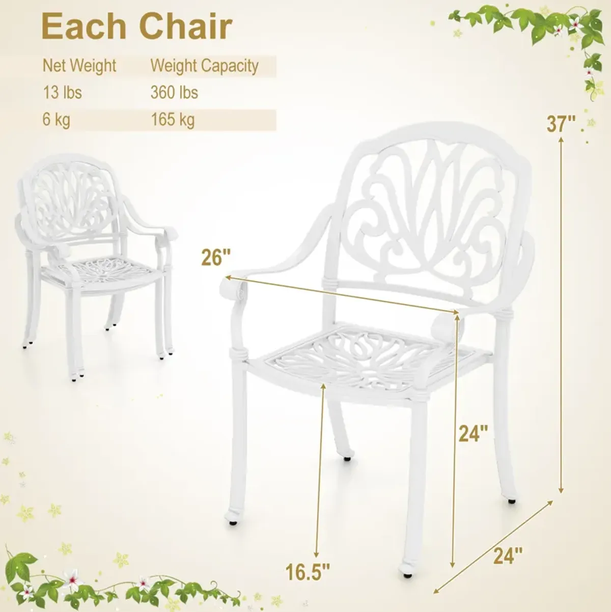 2 Pieces Patio Cast Aluminum Dining Chairs with Armrests-White