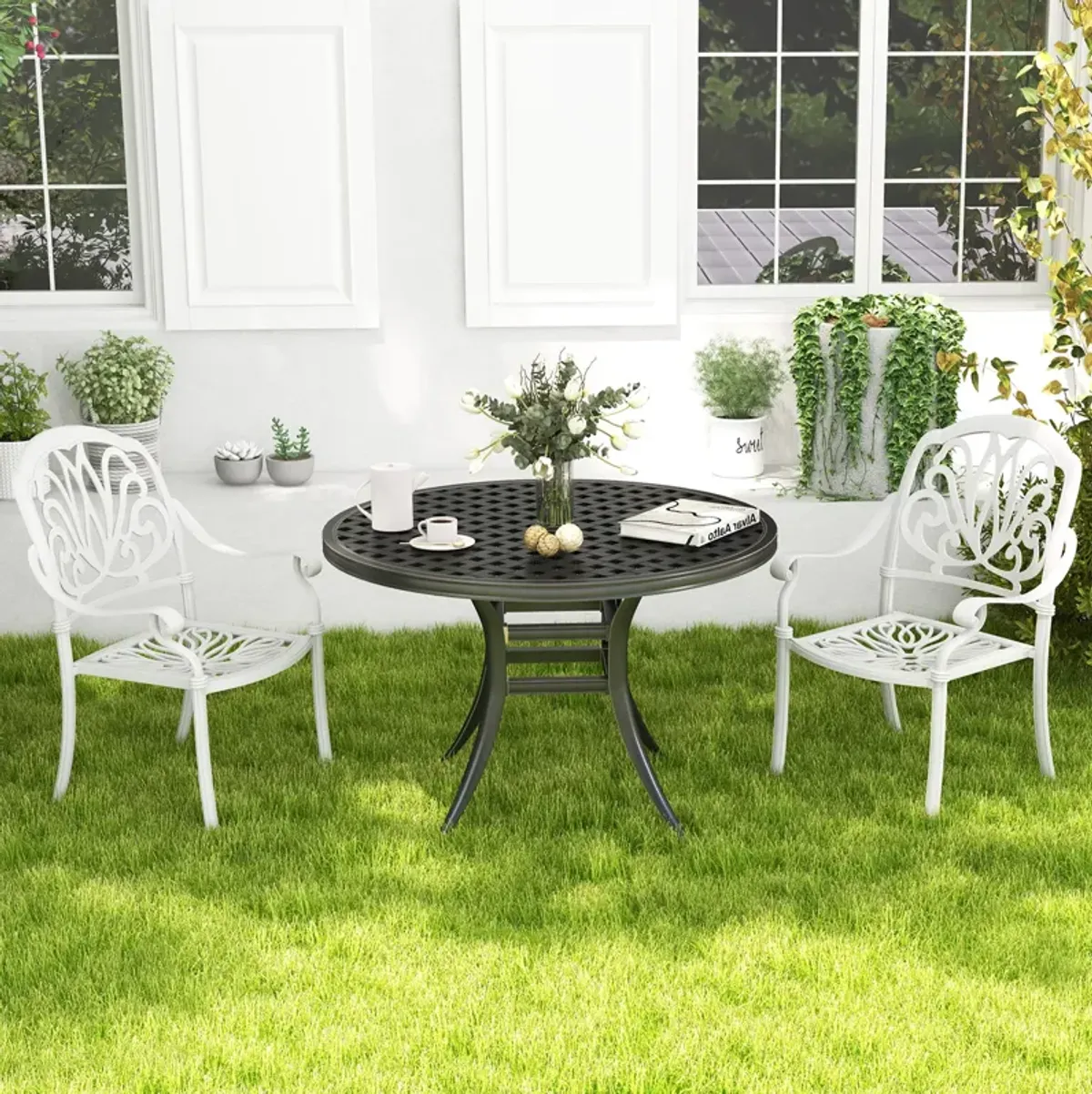 2 Pieces Patio Cast Aluminum Dining Chairs with Armrests-White