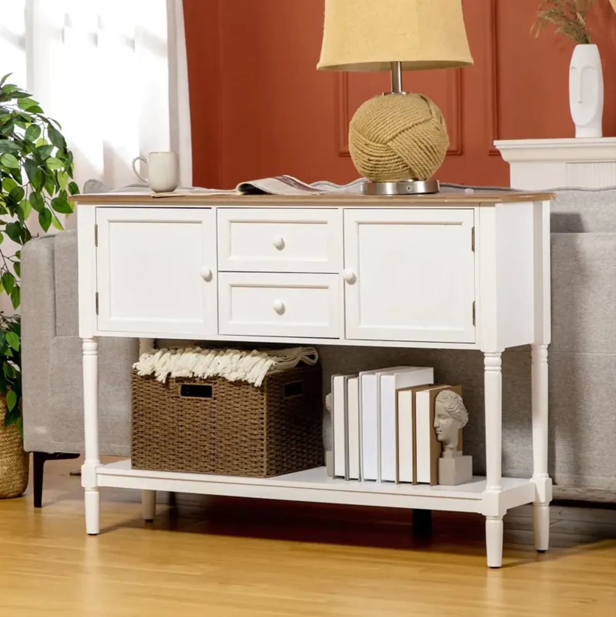 White Vintage Entryway: Retro Console Table with Drawers & Cabinets